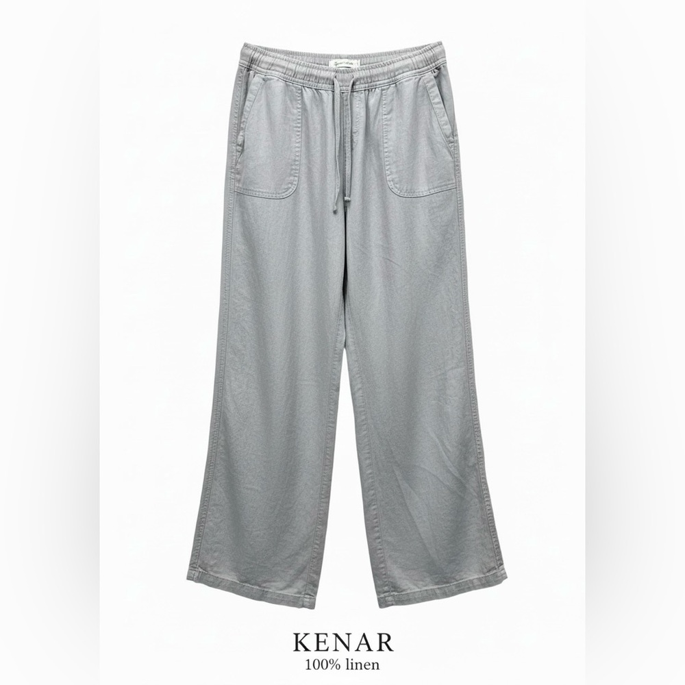 Kenar Linen Wide Leg Pants Gray Drawstring Casual Size M
